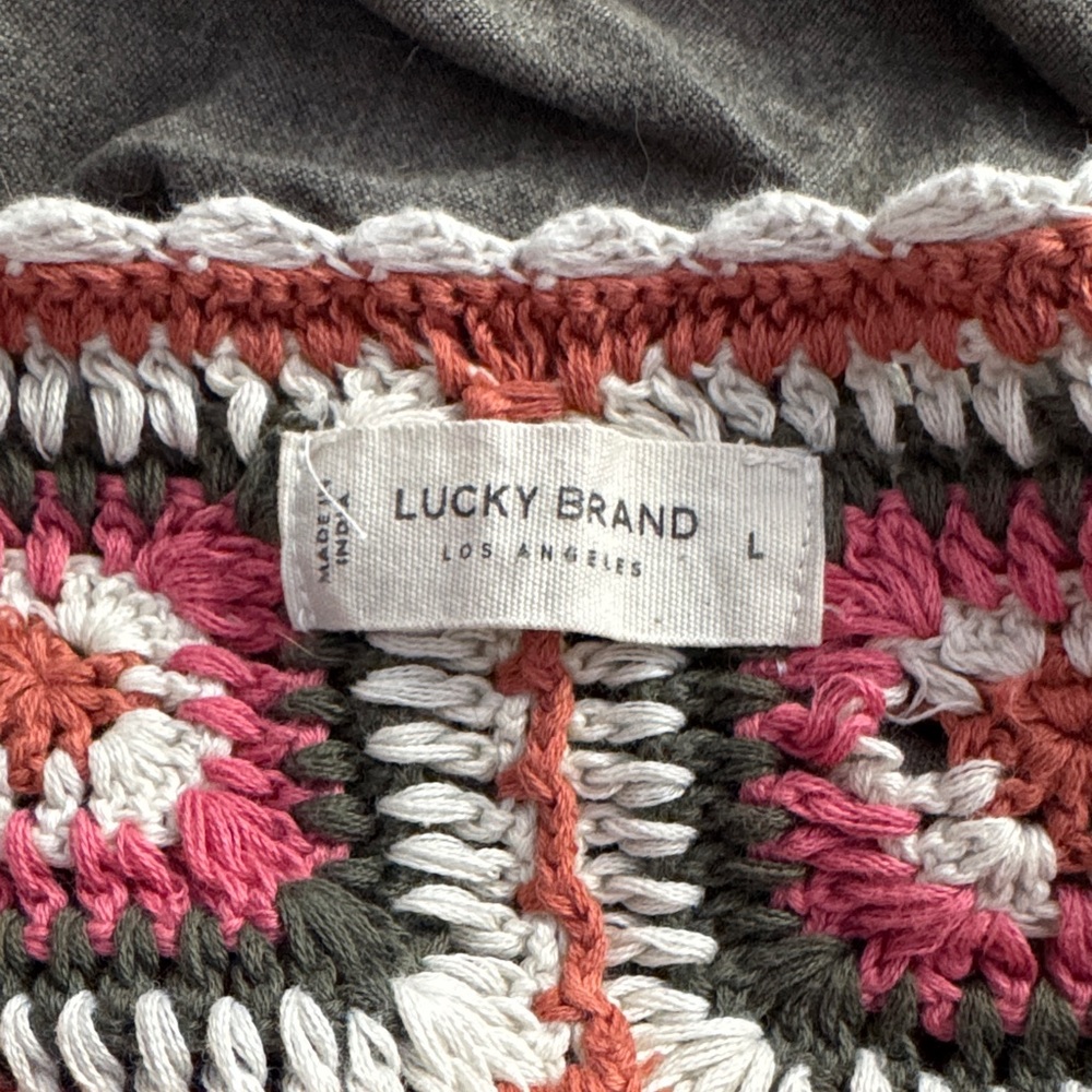 Lucky Brand Crocheted Square Patchwork Cardigan in Coral, Pink, Cream, and Gray - Picture 2 of 2